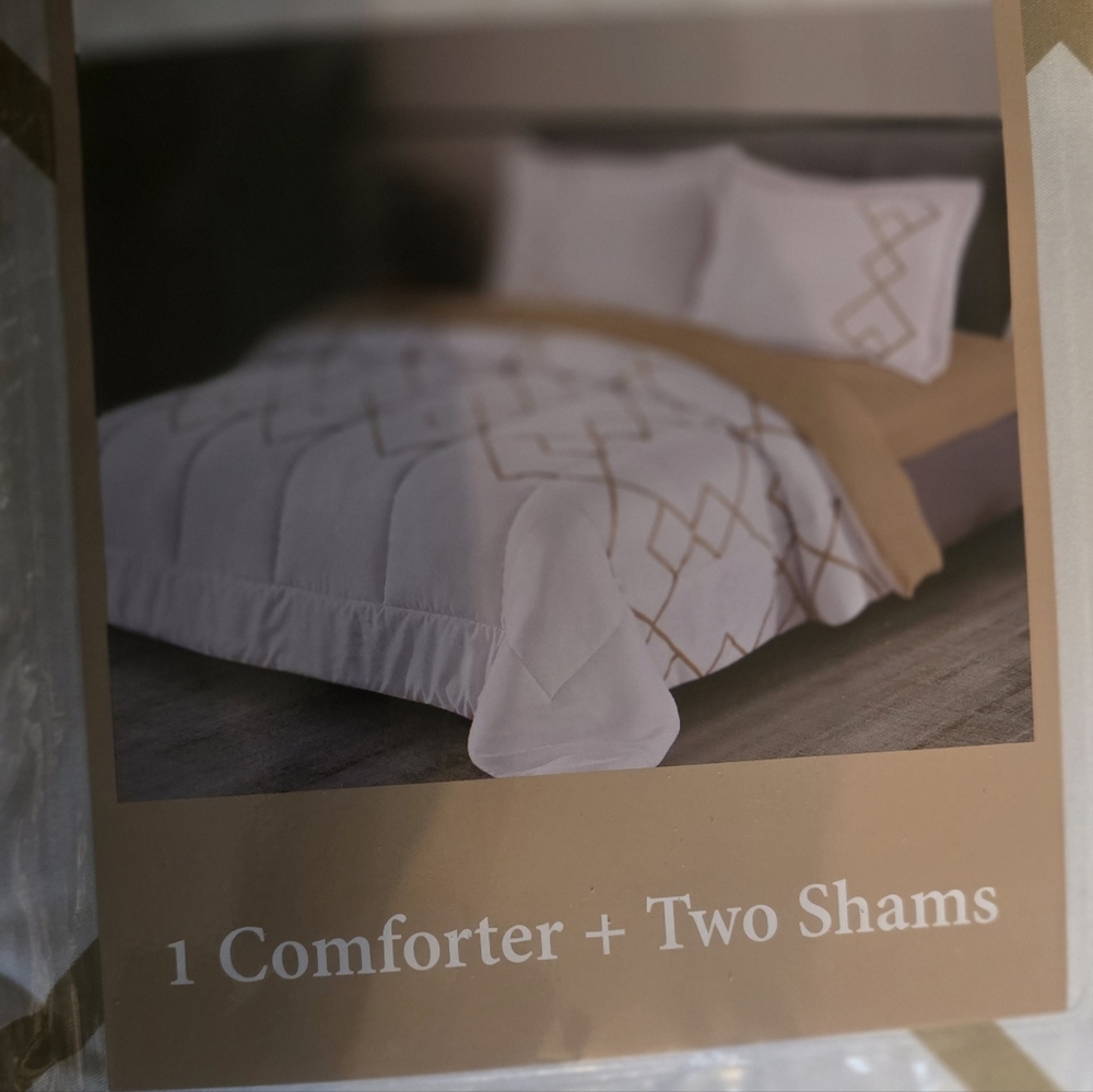 Amy Miller 3 Piece King White Tan Stripe  Comforter 2 Sham Set